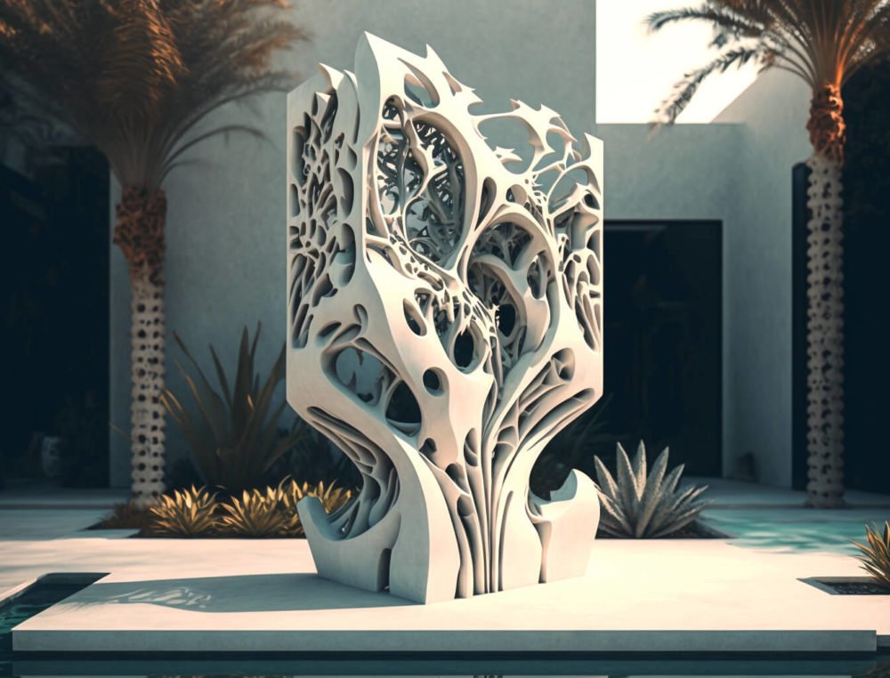 concrete abstract sculpture tree palm near pool and house