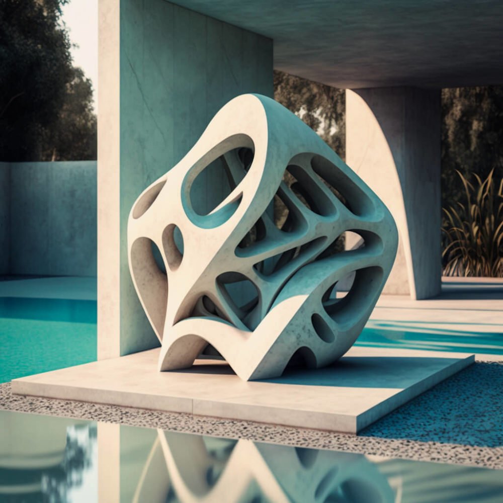 Abstract concrete sculpture near pool