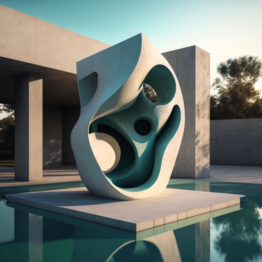 Abstract concrete sculpture near pool