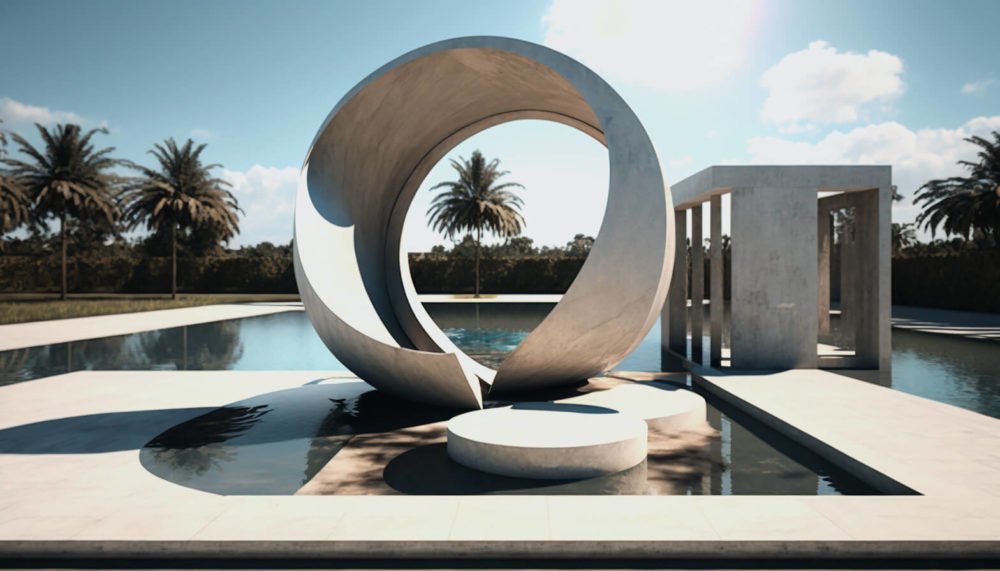 round sculpture from concrete near pool